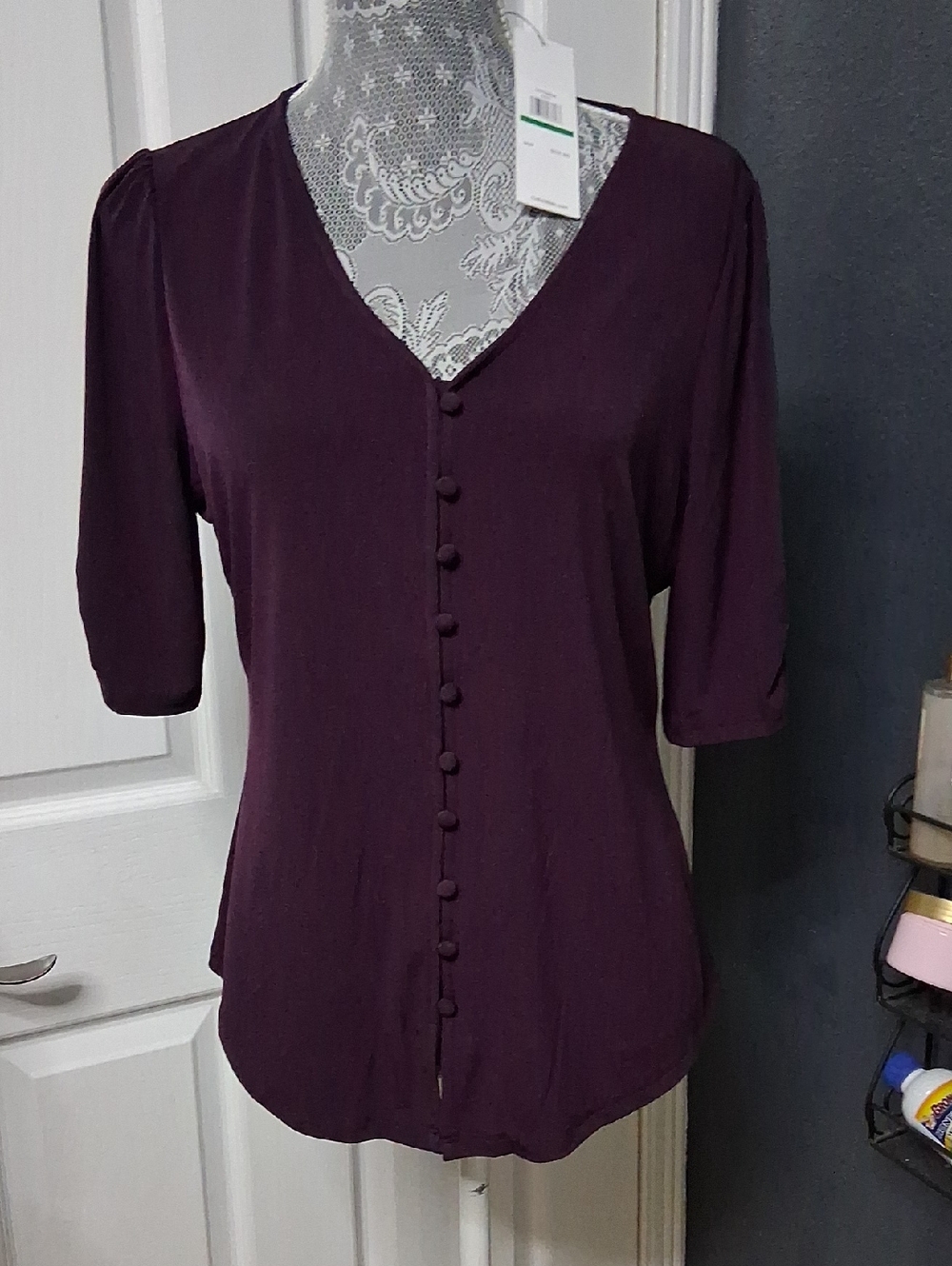 Calvin Klein Deep Plum Button-Front V-Neck Blouse